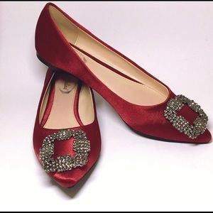 Burgundy Embellished Satin Ballerina Flats